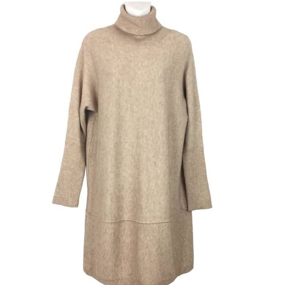 New Mud Pie Tan Sweater Dress Pullover Tunic Oversized Ribbed Turtle Neck Size L - Picture 2 of 8
